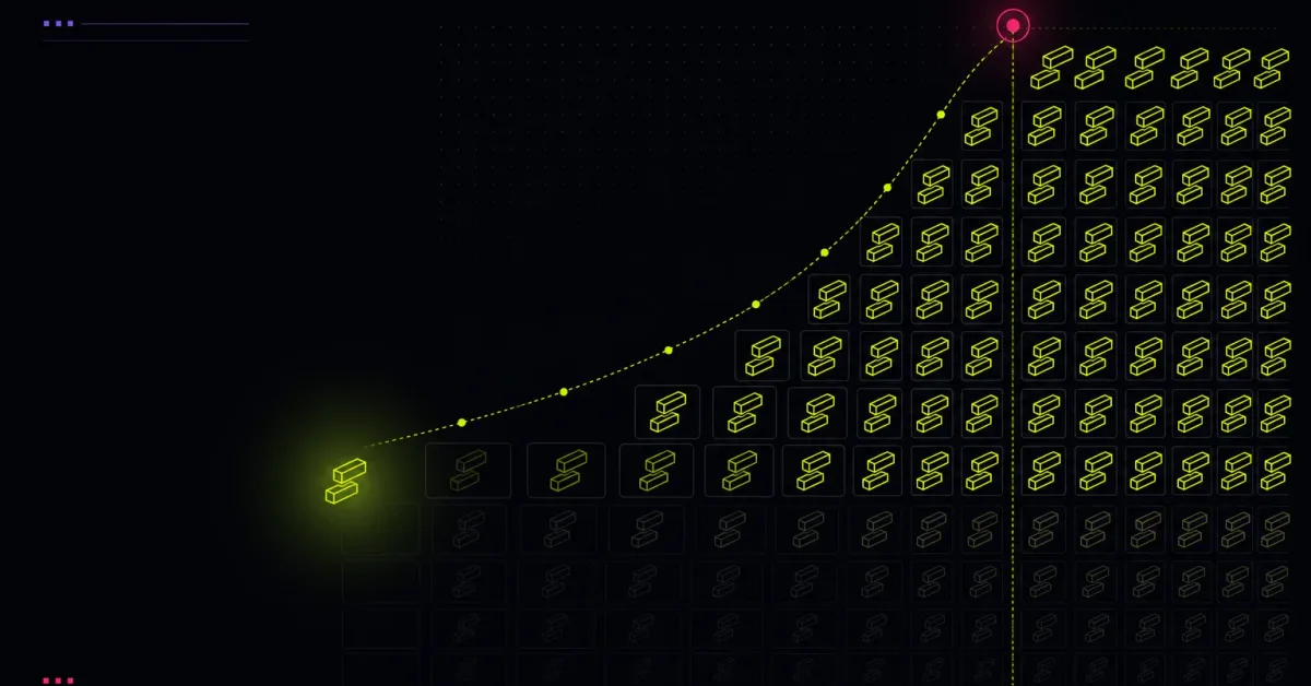 One glowing lime video skeleton multiplying into a dense grid along a rising dotted curve that ends at a pink marker