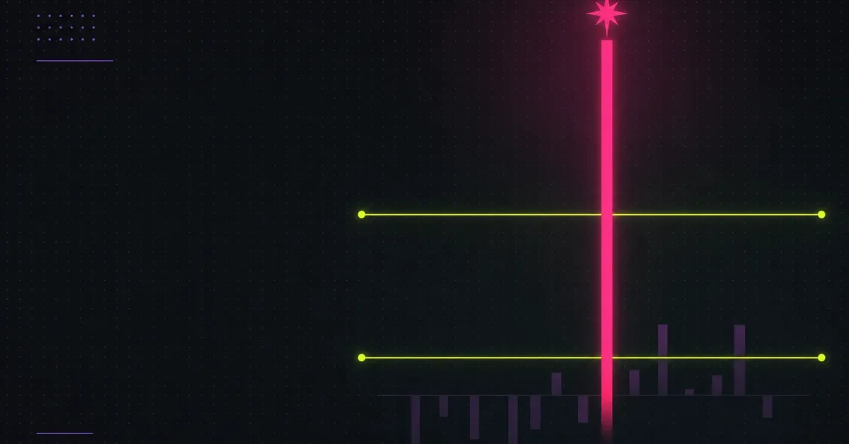 A tall pink bar topped with a star spikes far above two lime baseline lines, dwarfing short muted bars below.