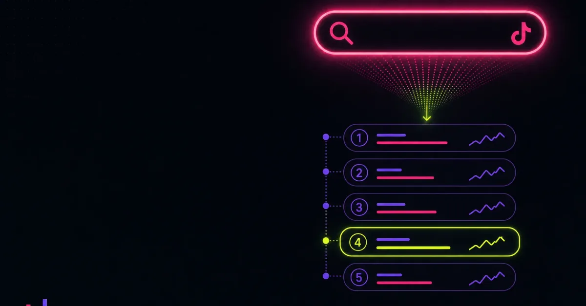 A glowing TikTok search bar feeding a ranked list of topics, one marked as a low-supply content gap with a bright outline