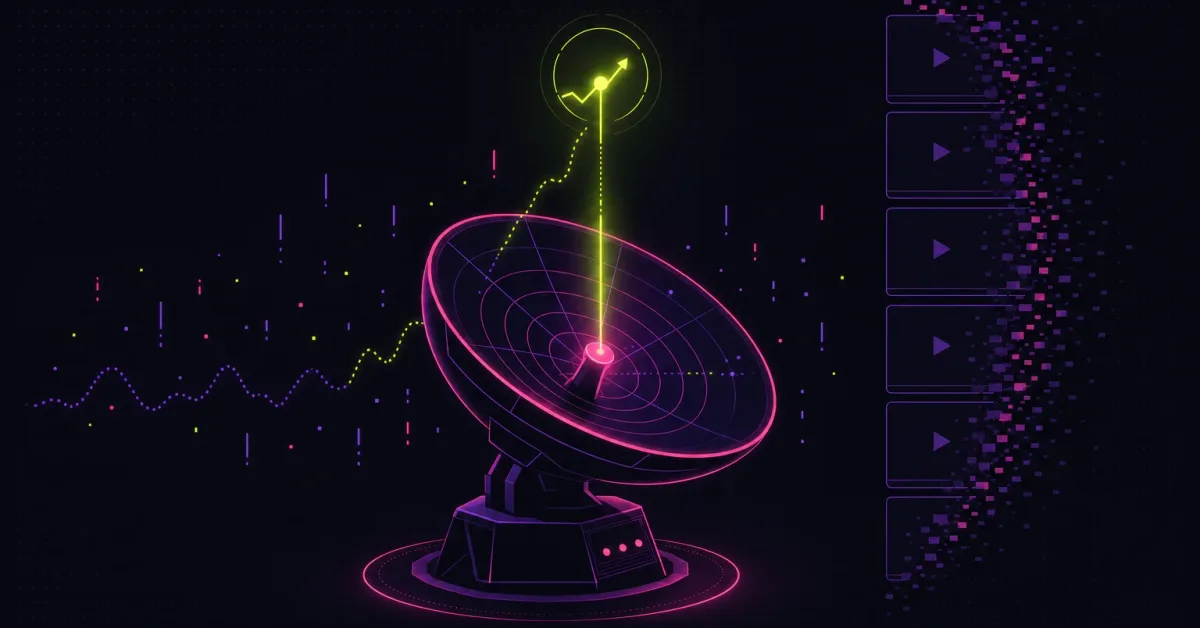 A neon satellite dish catches one rising acid-lime trend signal out of scattered noise as blank video tiles dissolve away