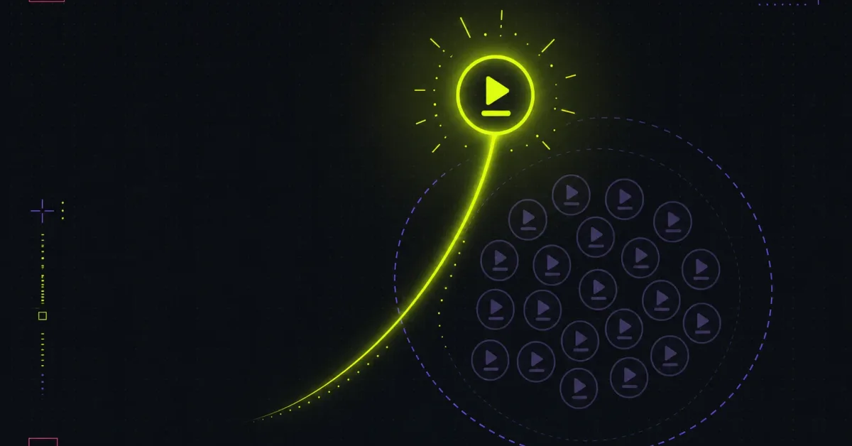 A bright neon play-button node breaking ahead of a dim cluster of identical videos along a glowing upward arc