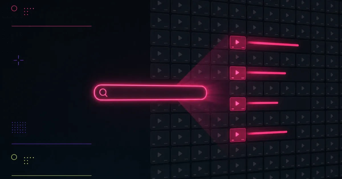 A glowing neon search bar casts a beam across a dark grid of video tiles, lighting four of them into ranked pink bars