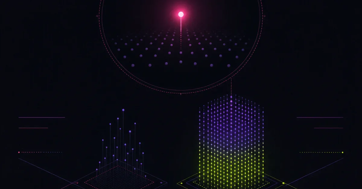 A bright magenta breakout node ringed by a faint lens above dim dots, beside two glowing dot-grid columns of unequal depth