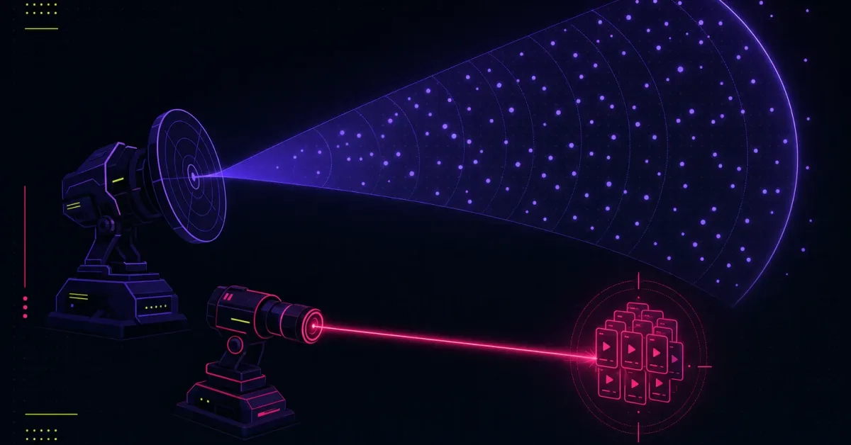 A violet radar dish sweeps a broad field of dots while a hot-pink beam locks onto a tight cluster of short-form video cards