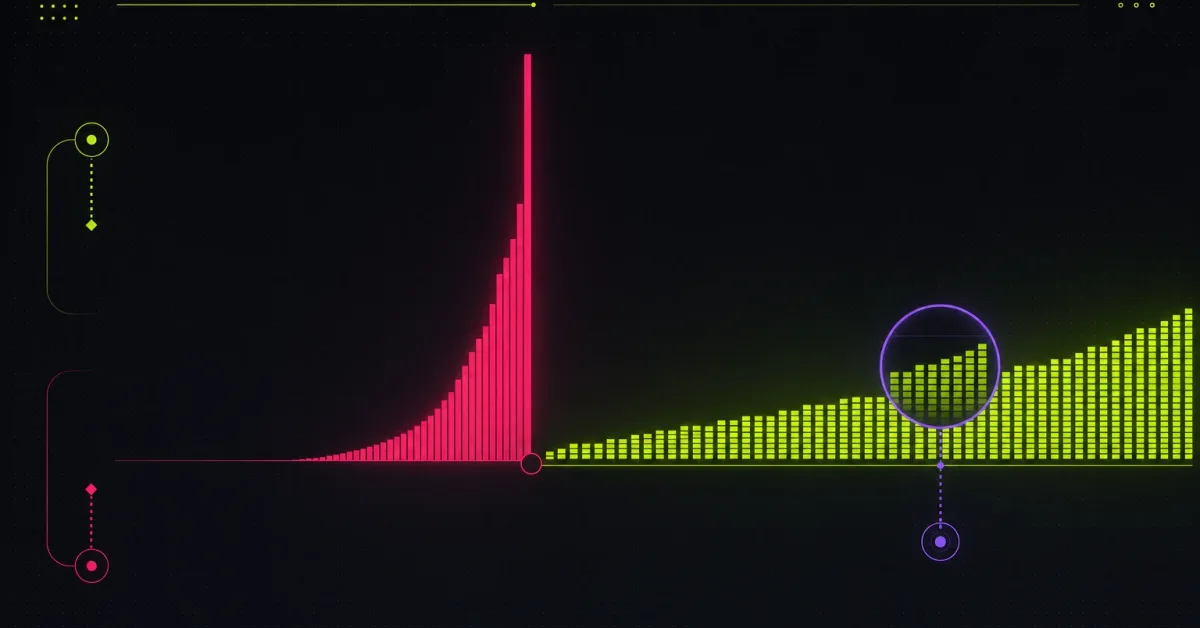 A hot pink spike collapsing to nothing beside acid lime bars that stack steadily upward under a violet magnifier ring