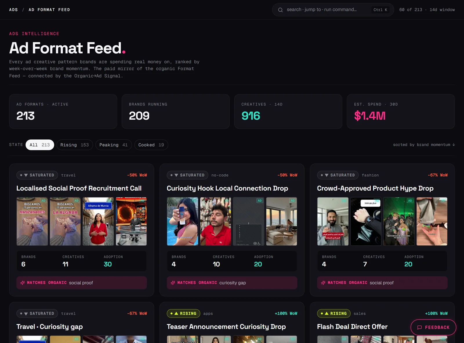 The Ad Format Feed: clustered ad creative patterns with brand momentum, brands-running counts, and matches-organic flags